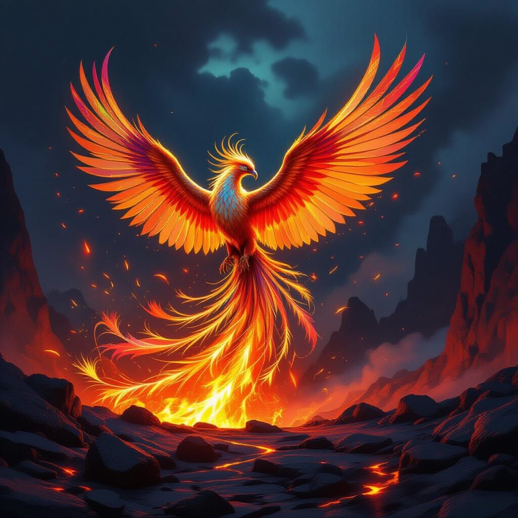 Majestic Glass Phoenix Erupts From Volcanic Landscape