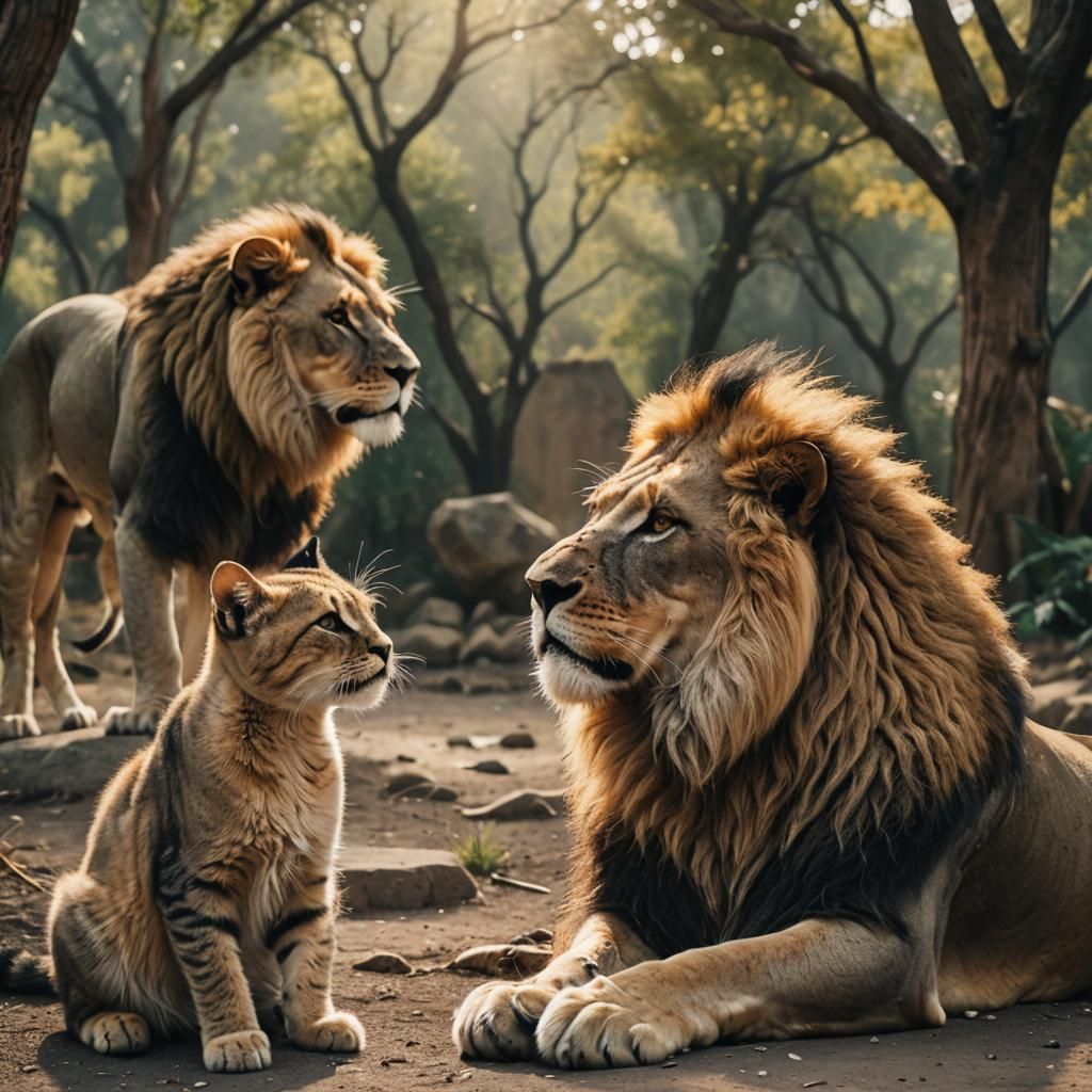 Lion and Cat Stare in Cinematic Still