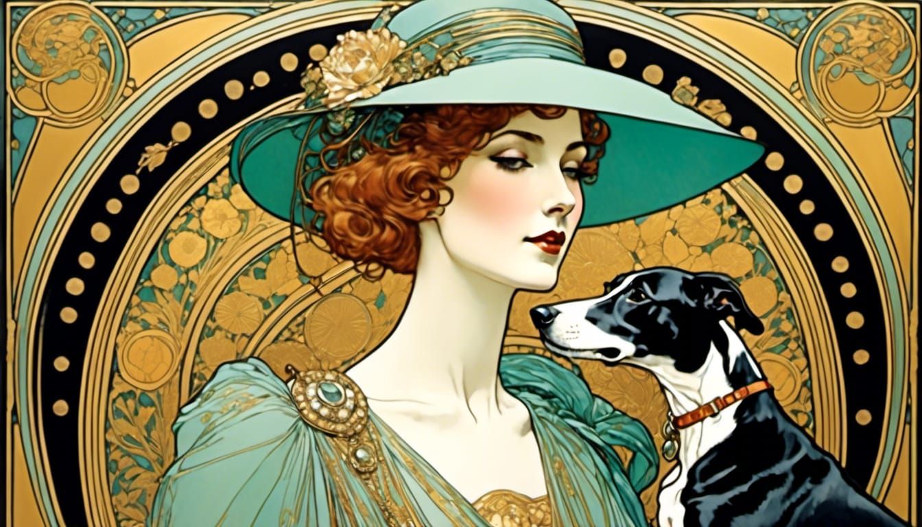 Fashionable Woman with Greyhound in Art Nouveau Style