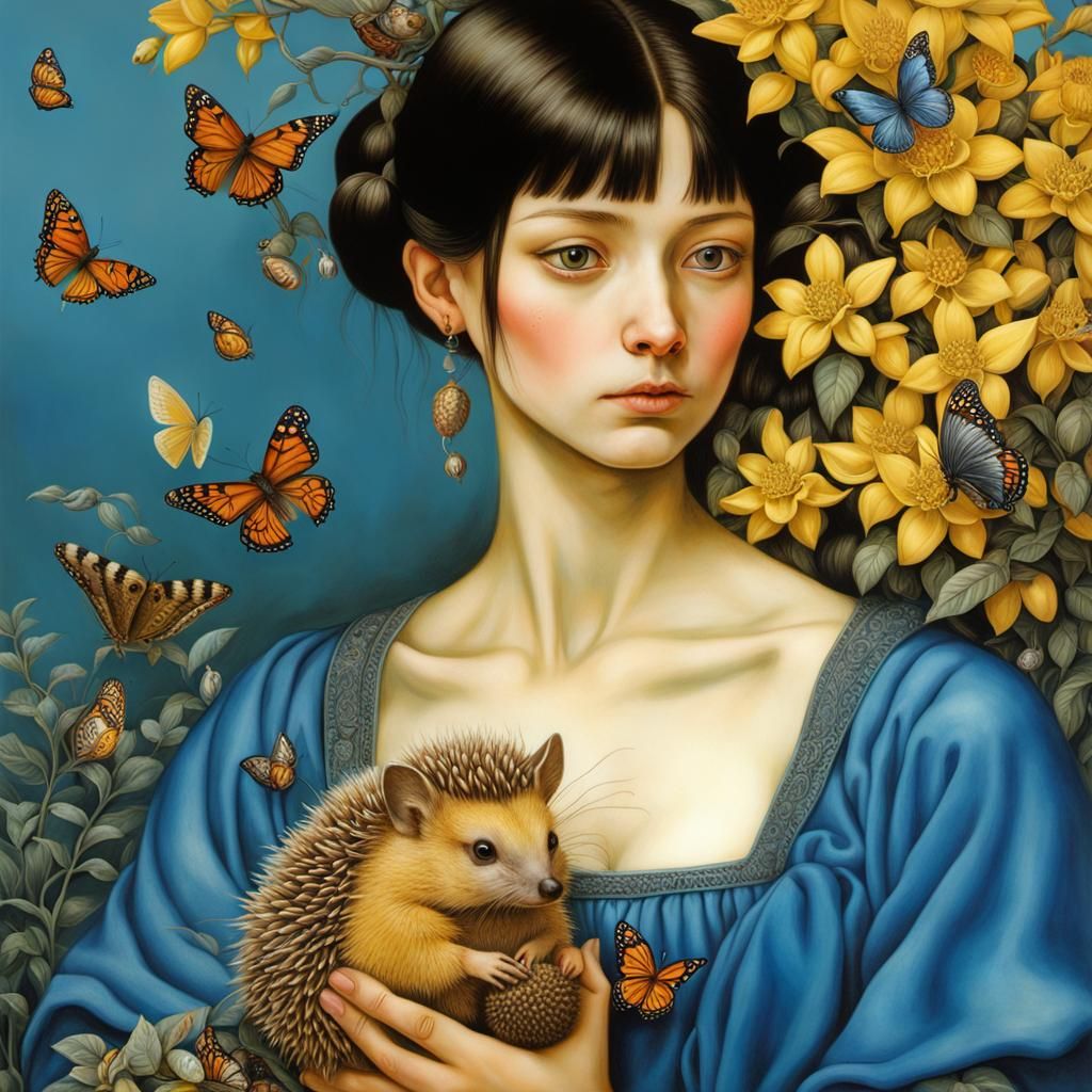 Surreal Girl with Hedgehog in Anime Style