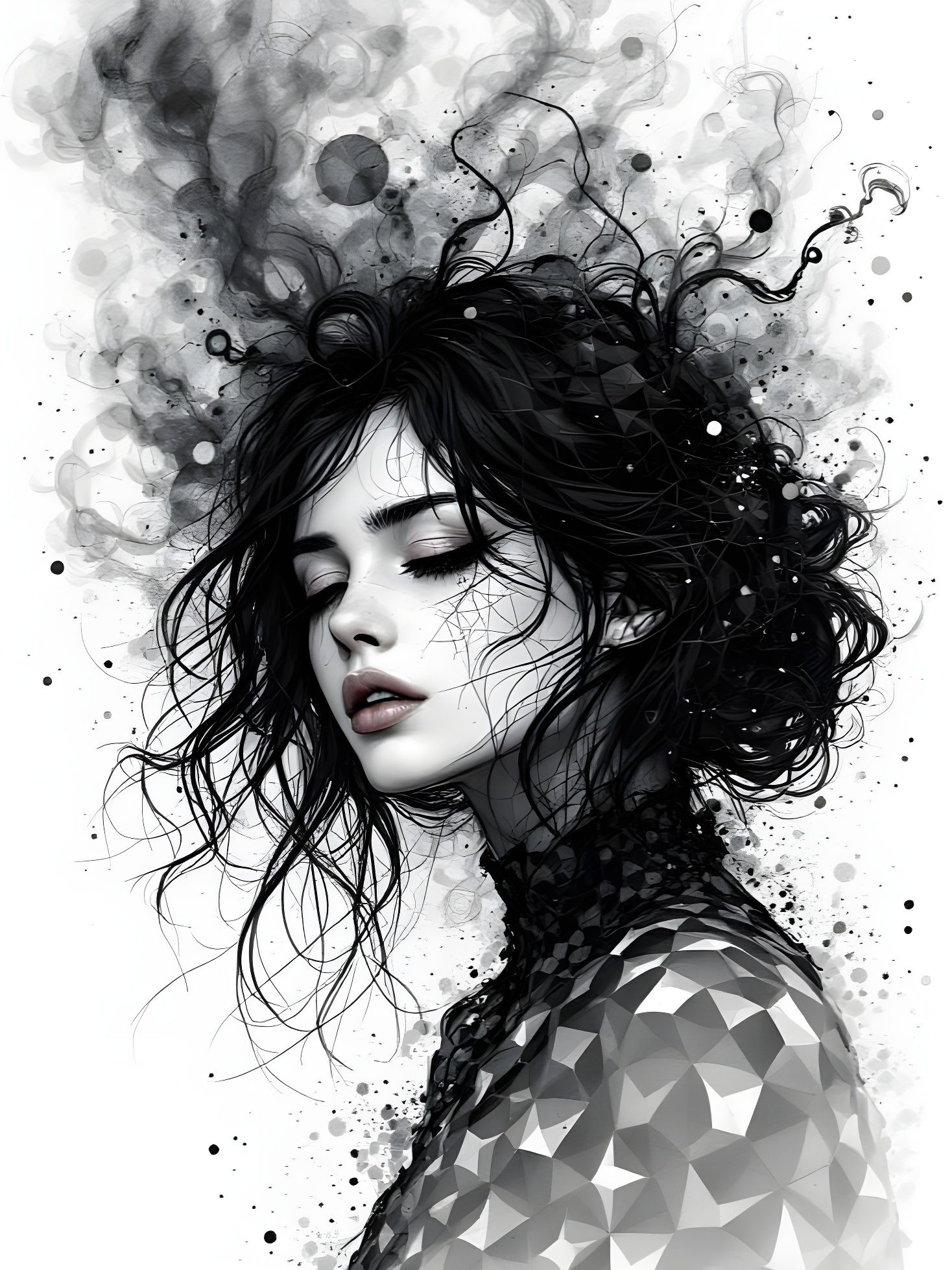 Depressed Woman in Hexagonal Calligraphy Portrait