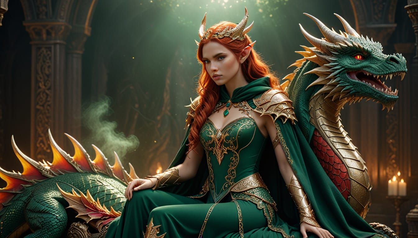 Elegant Dragon Rider in Regal Throne Scene, Cinematic Fantas...