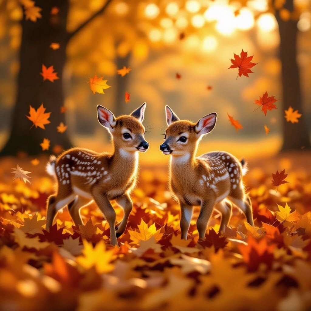 Baby Deer Joyfully Play in Autumn Leaves