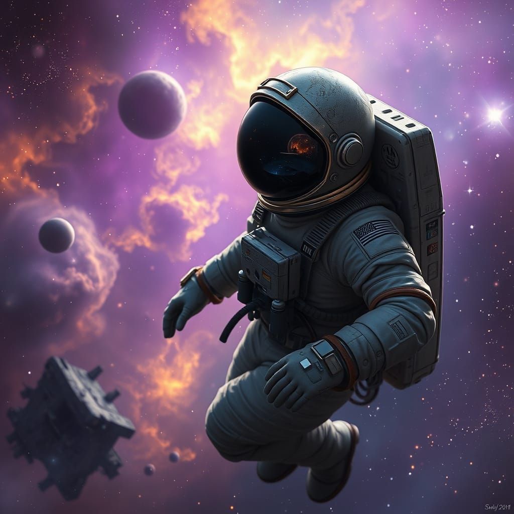 Astronaut Adrift by Derelict Ship Amidst Purple and Gold Neb...