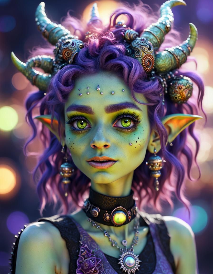 Adorable Goblin Girl Portrait in Punk Style