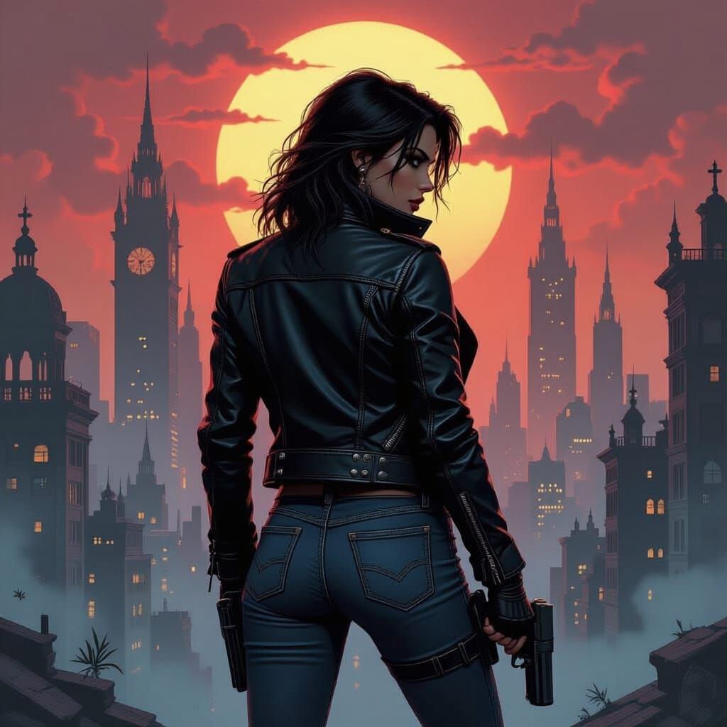 Dhampir Rogue in 80s Airbrushed Gothic Cityscape