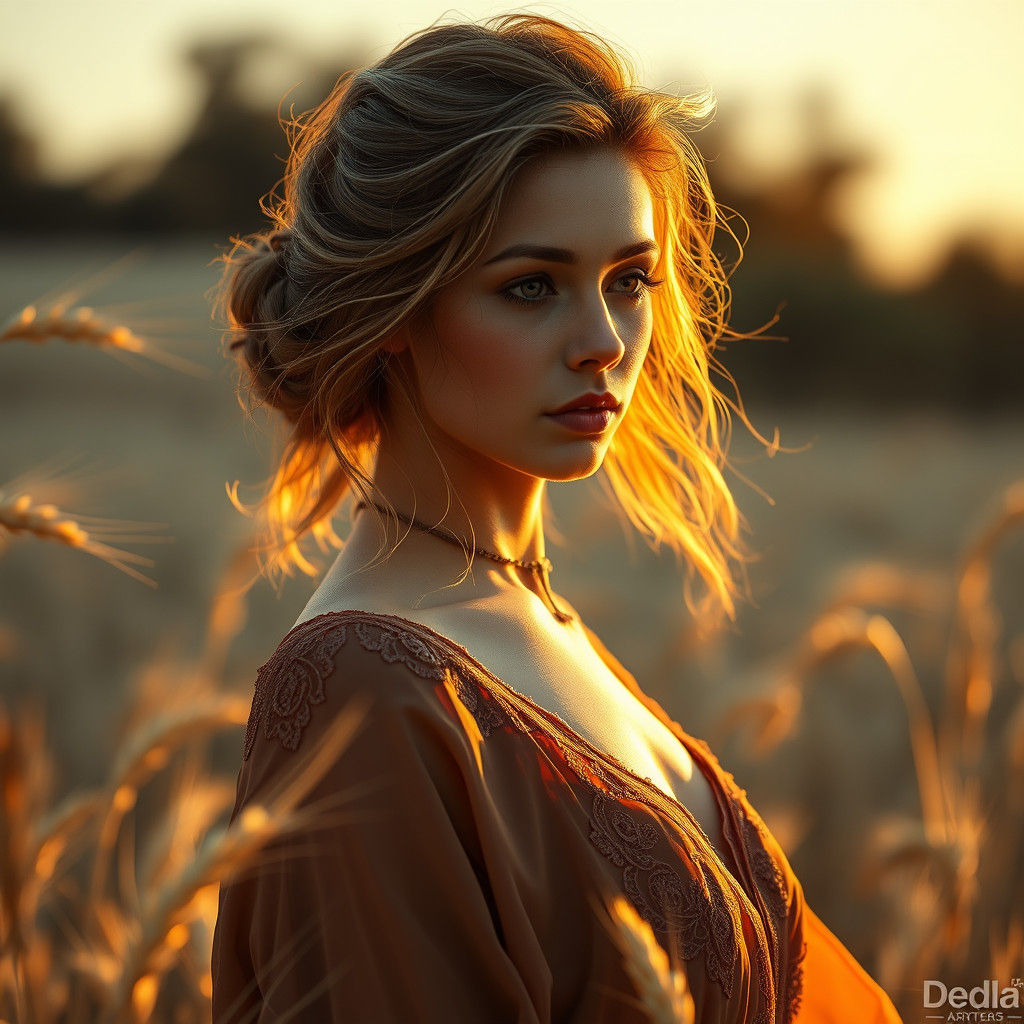 Woman in Wheat Field, Art Nouveau Style