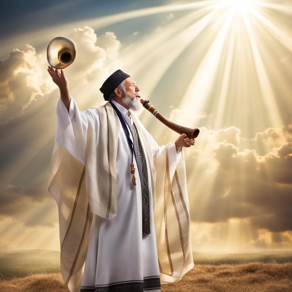 Jewish Man Blowing Shofar in Divine Light