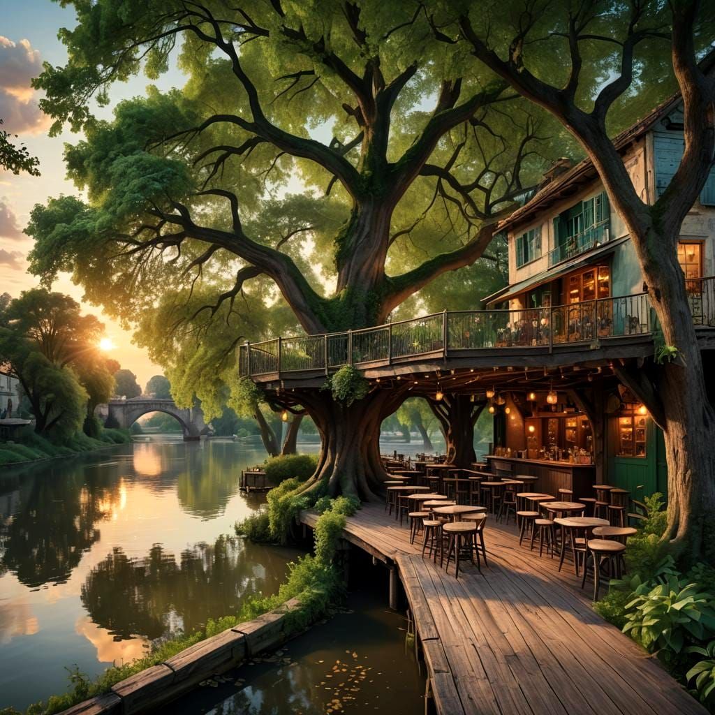 Riverside Bar at Sunset: A Digital Matte Painting