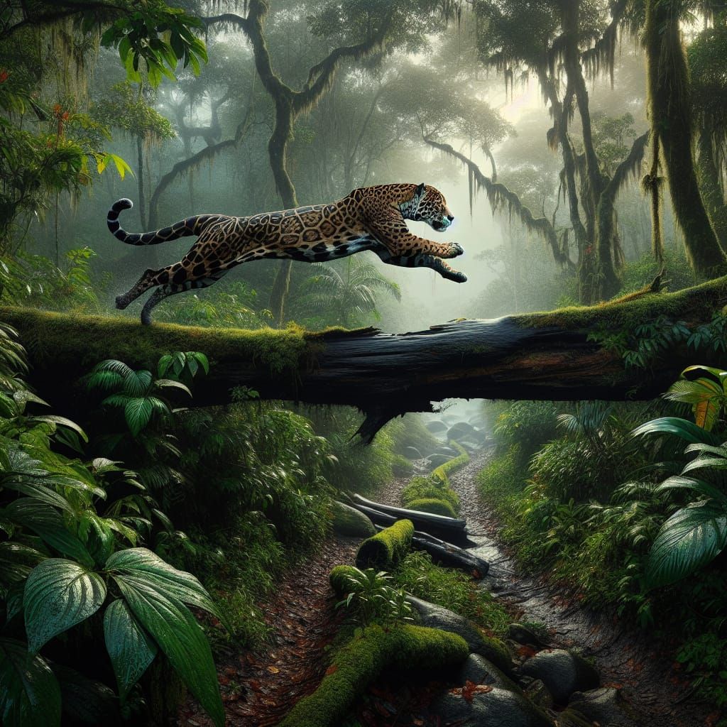 Majestic Jaguar Leaping Through Misty Jungle