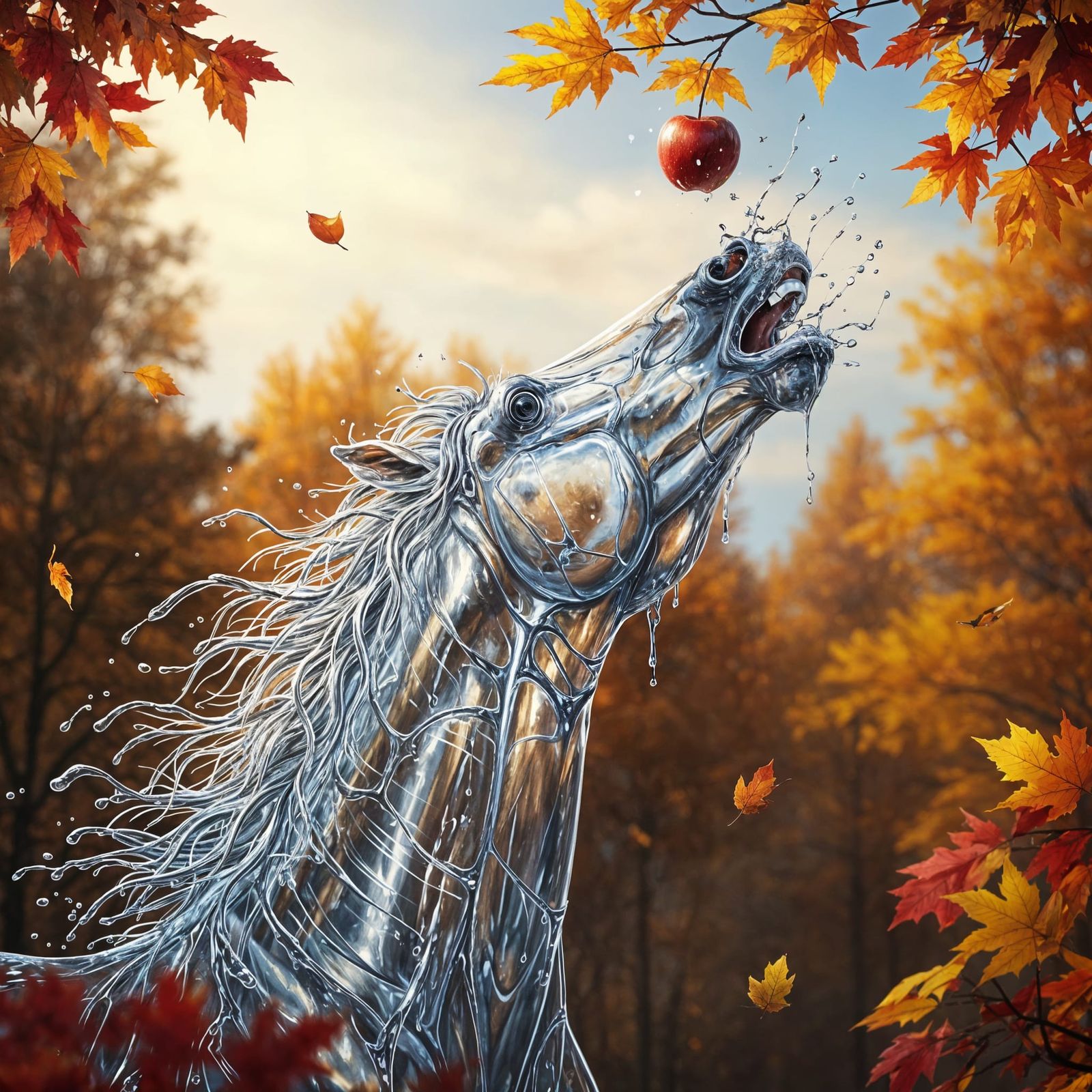 Majestic Water Horse Reaching For Apple In Autumn Sunlight