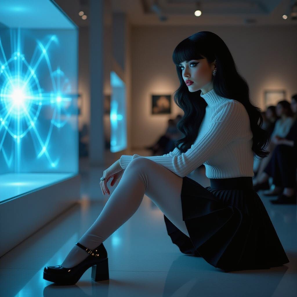 Raven-Haired Woman at Holographic Museum Exhibit