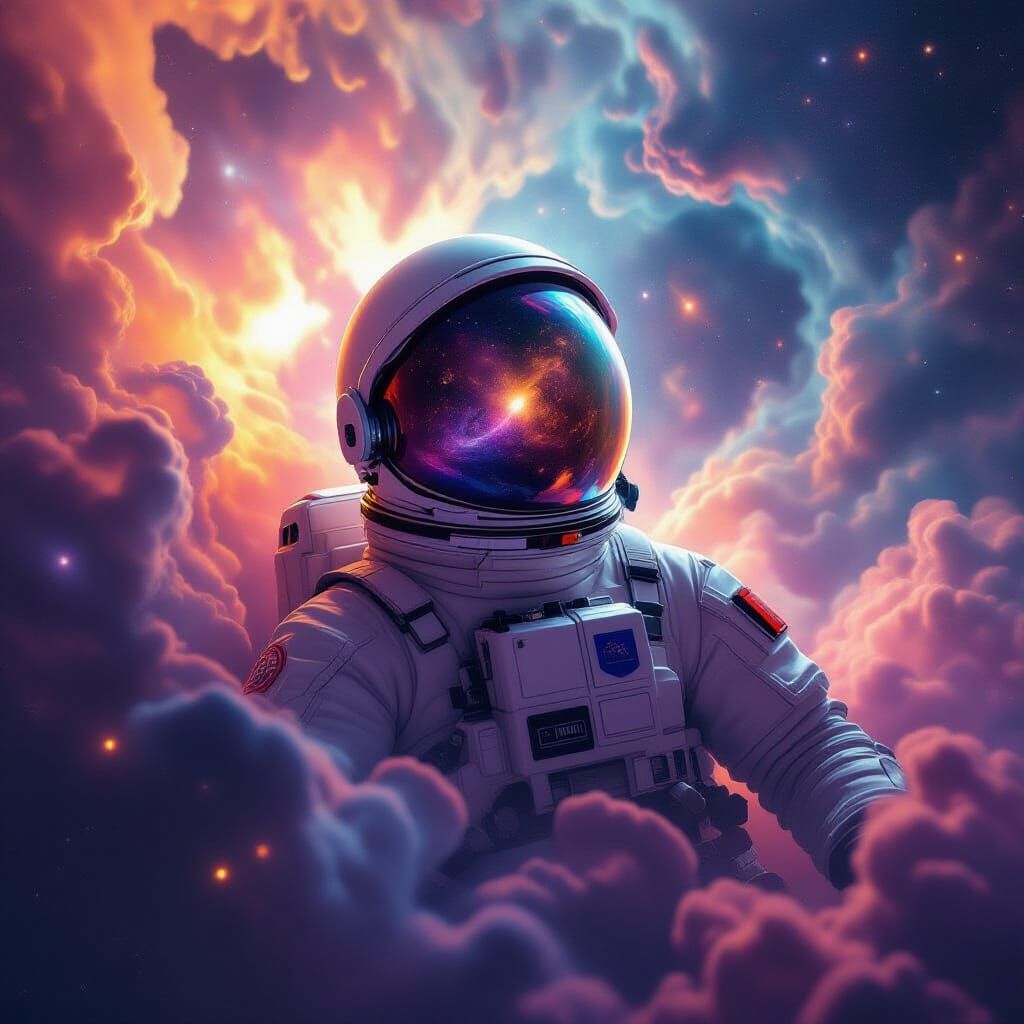 Astronaut Adrift in Cosmic Nebula, Helmet Reflecting Galaxie...