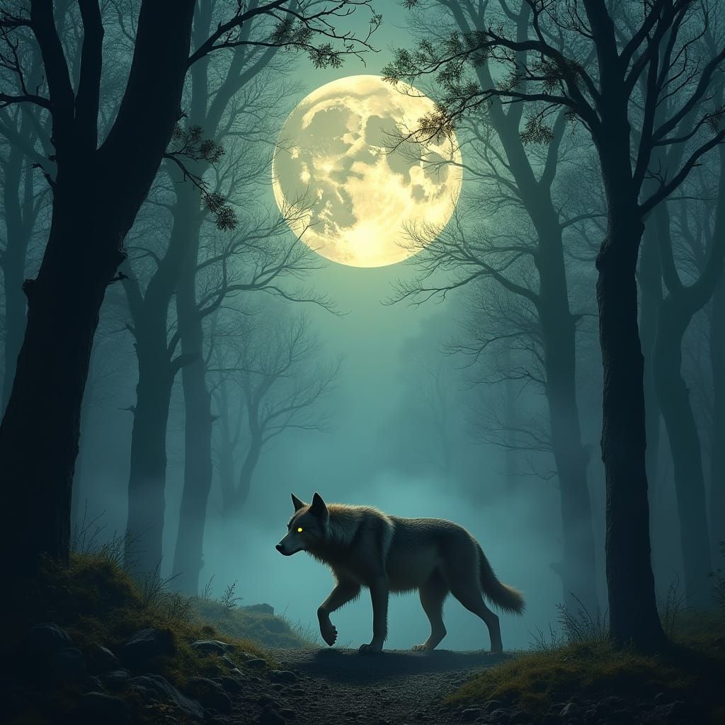 Moonlit Werewolf Emerges from Mystical Forest in Surrealisti...