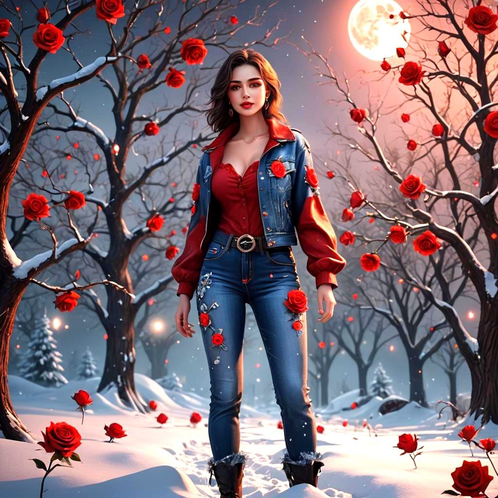 Red Rose Crystal Jeans Under Snow Moon