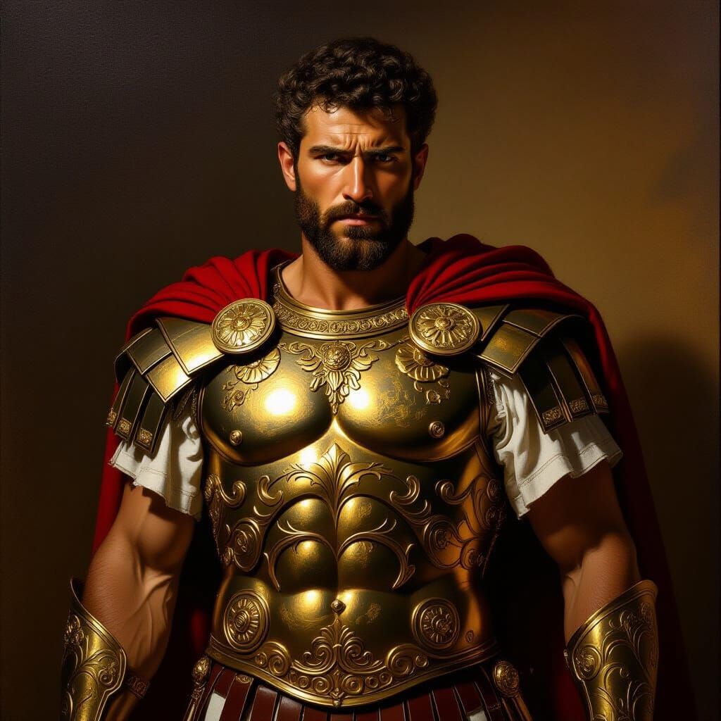 Majestic Hero in Ornate Roman Armor, Chiaroscuro Lighting