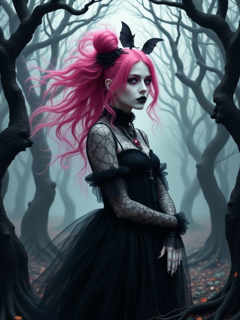 Gothic Pixie in Eerie Forest Oil Painting