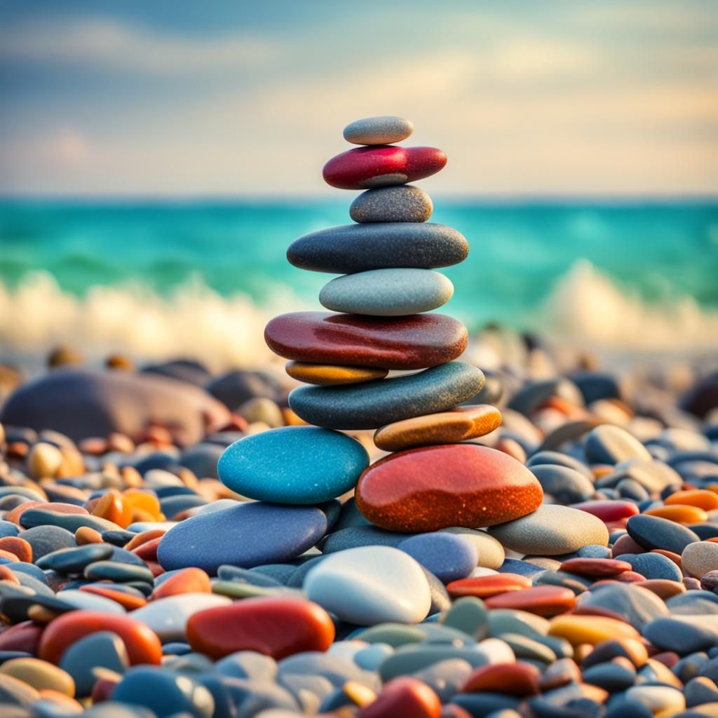 Colorful Pebble Cairn on a Beach