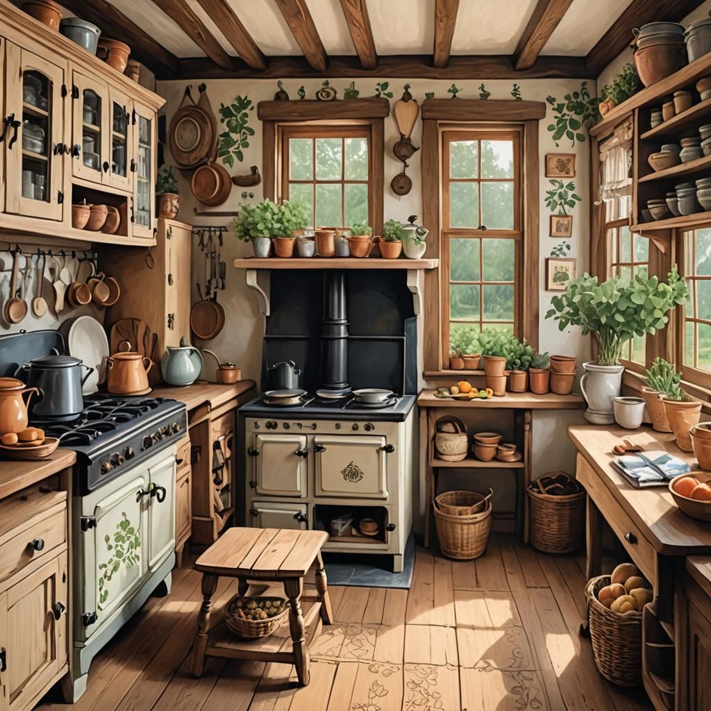 Fairytale Cottage Kitchen in Storybook Illustration Style