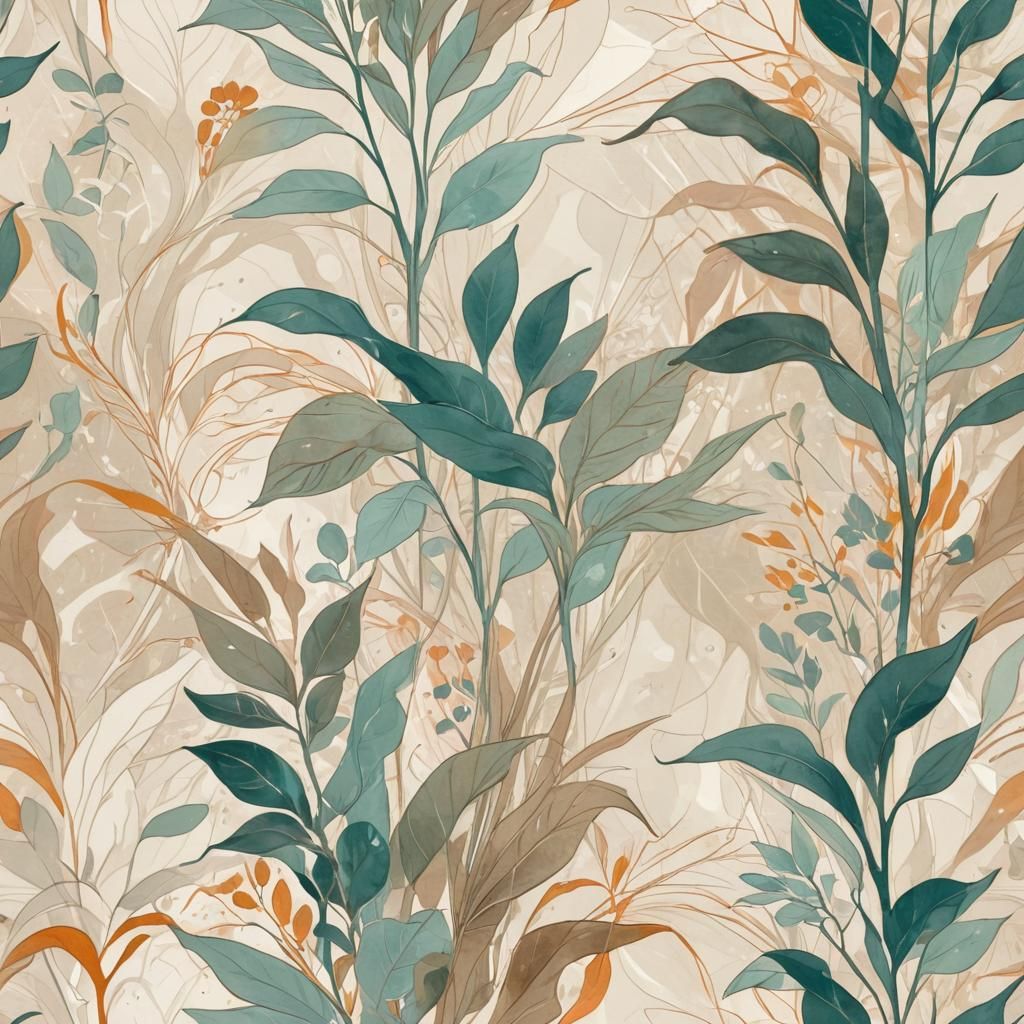 Abstract Plants and Sun Motifs in Splash Art Style