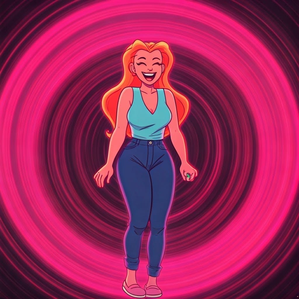 Retro Futuristic Cartoon Woman with Joyful Laugh
