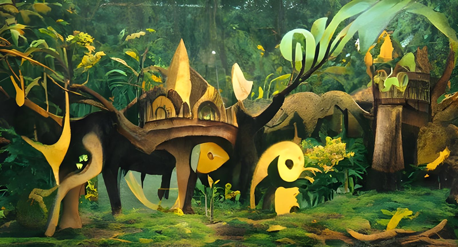 Shining Portal in Jungle, Naive Art Illustration