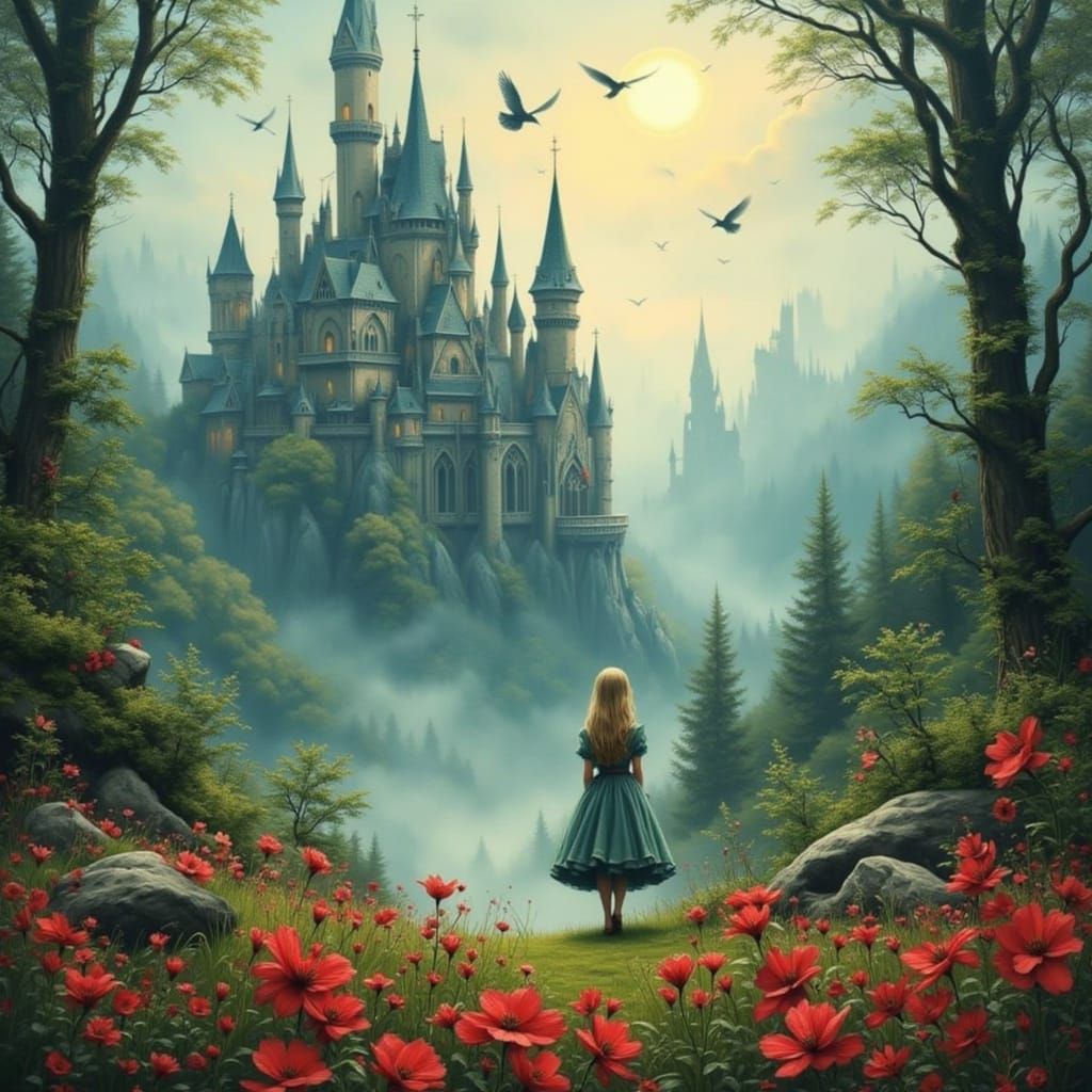 Fantasy Castle in Misty Enchanted Forest with Red Flowers