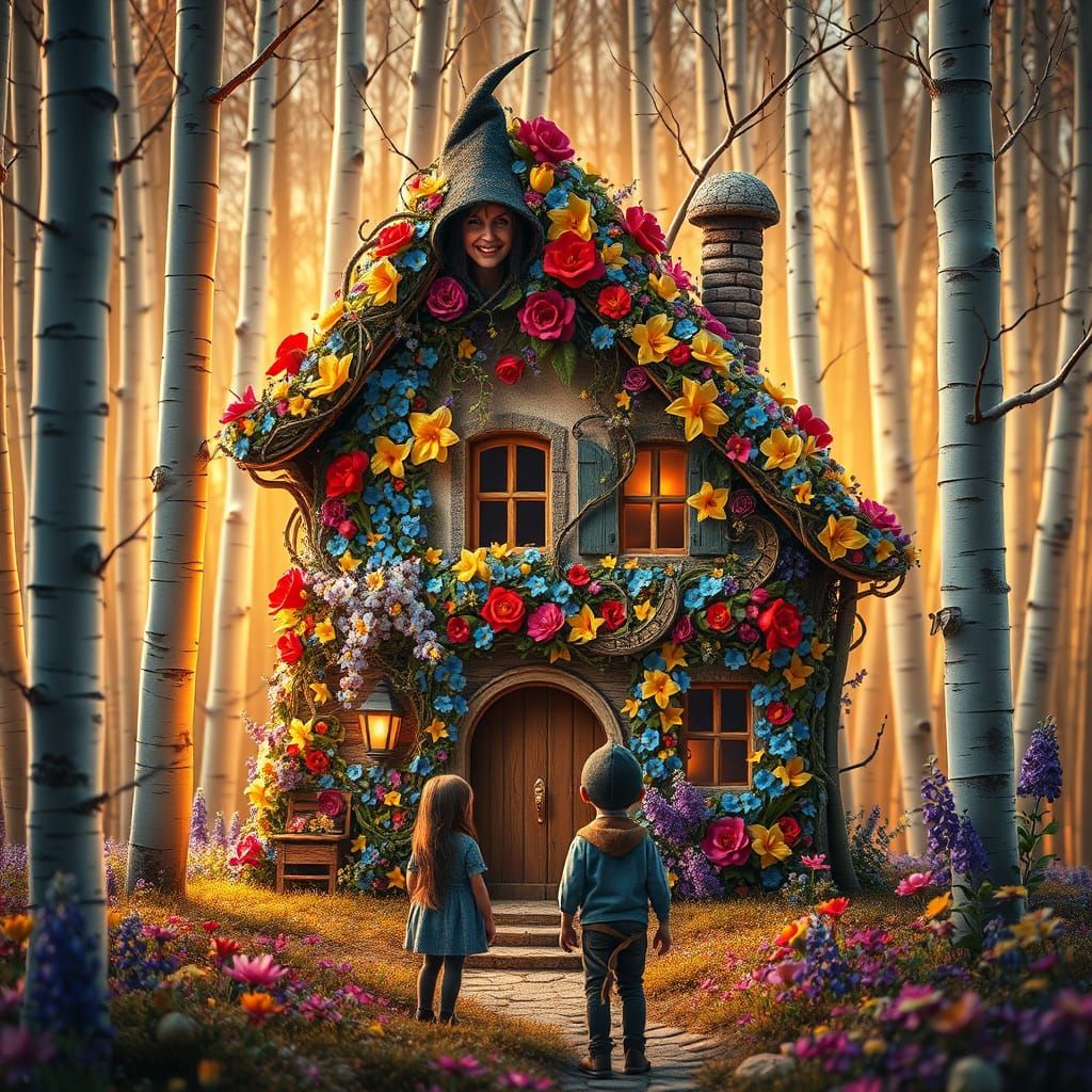 Whimsical Birch Forest House Engulfed in Vibrant Blossoms