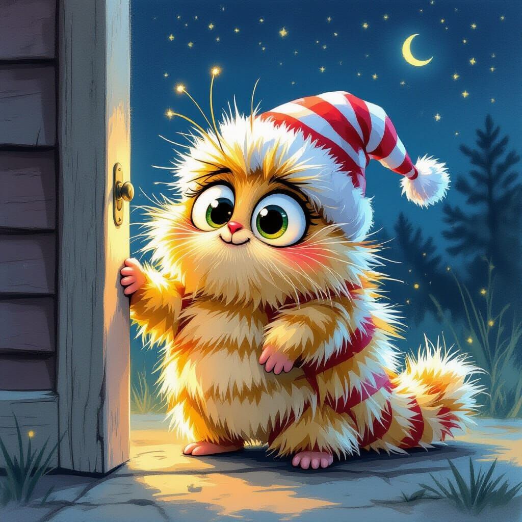 Excited Caterpillar Peek in Apple, Colored Pencil Style