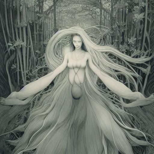 Woman with Flower in Warped Etched Forest