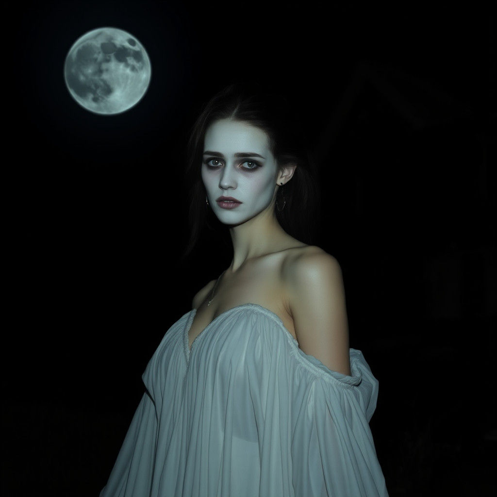 Eerie Moonlight Portrait of Woman in White Gown