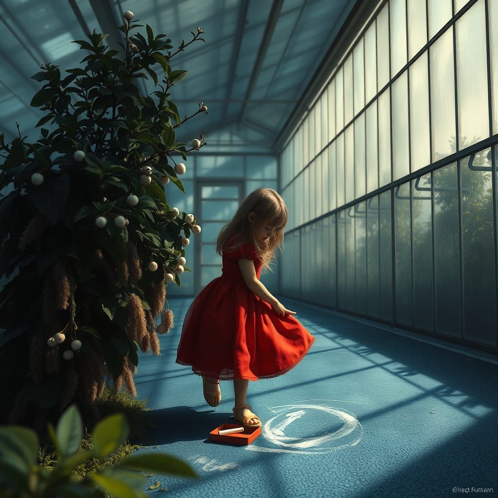 Girl in a Dramatic Greenhouse Portrait with Red Dress and Ch...