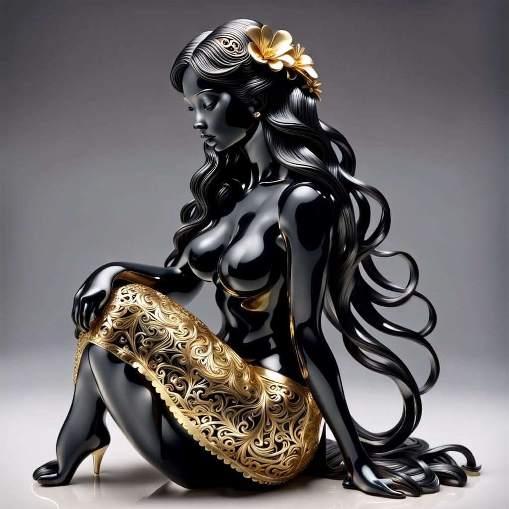 Onyx and Gold Filigree Sculpture of Sitting Woman