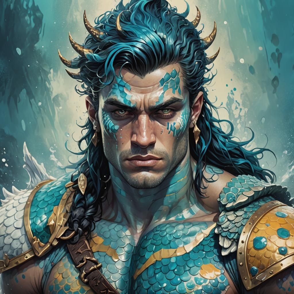 Merman Barbarian Portrait with Vitiligo in Splash Art
