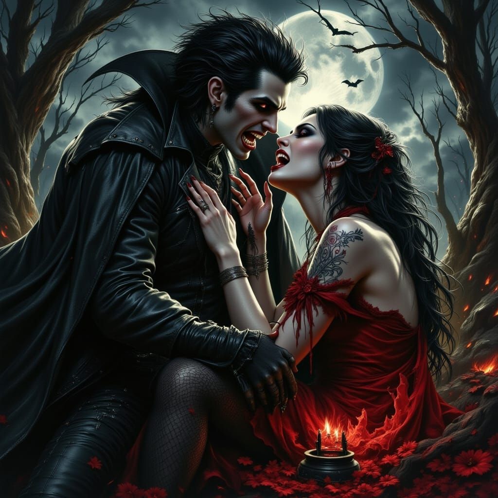 Gothic Vampire Embraces Frightened Woman
