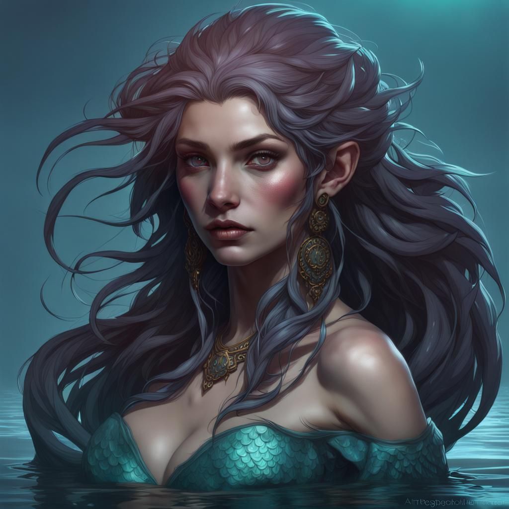 Gothic Werewolf Mermaid Portrait in Hyperdetailed Style