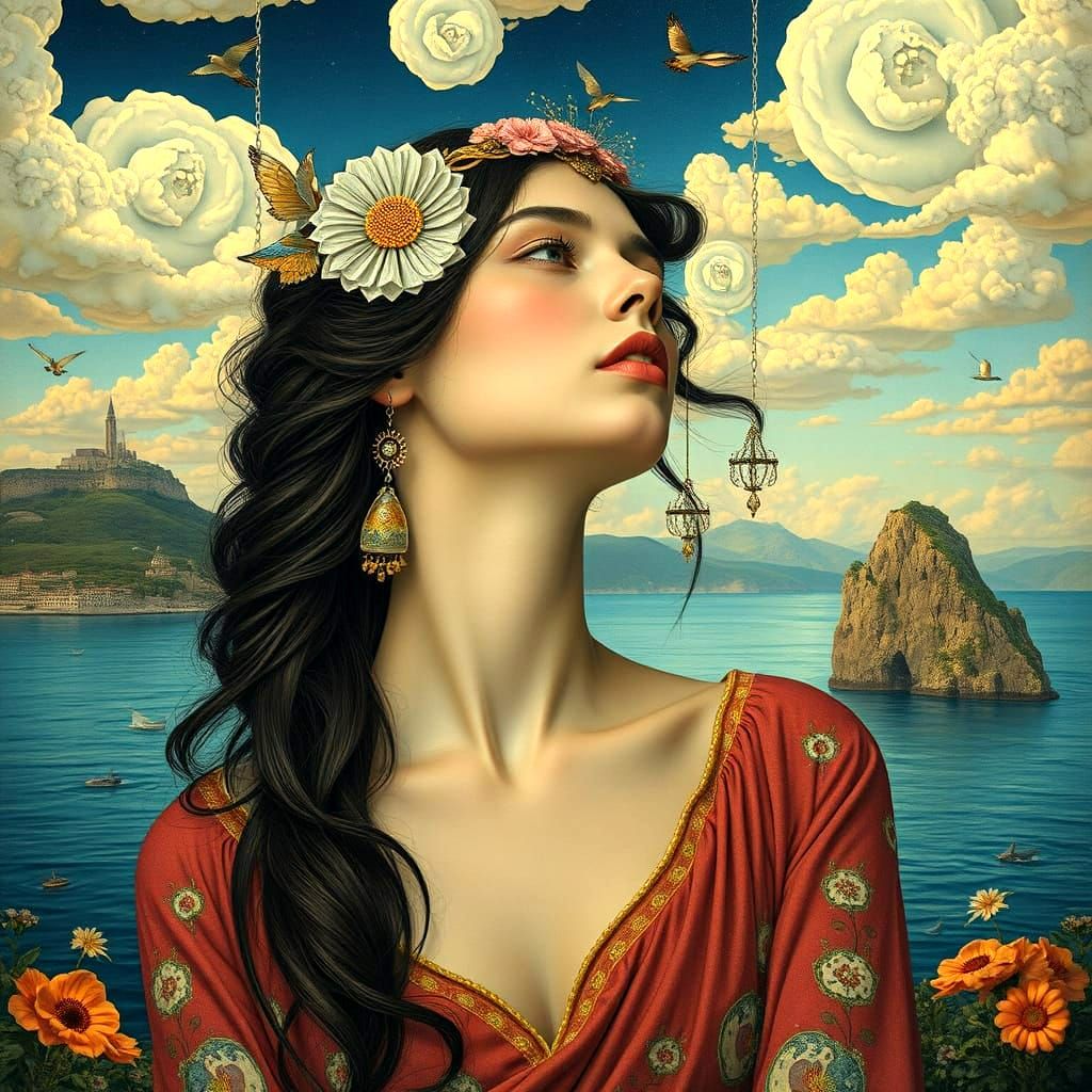 Gilded Goddess in Dreamlike Seascape