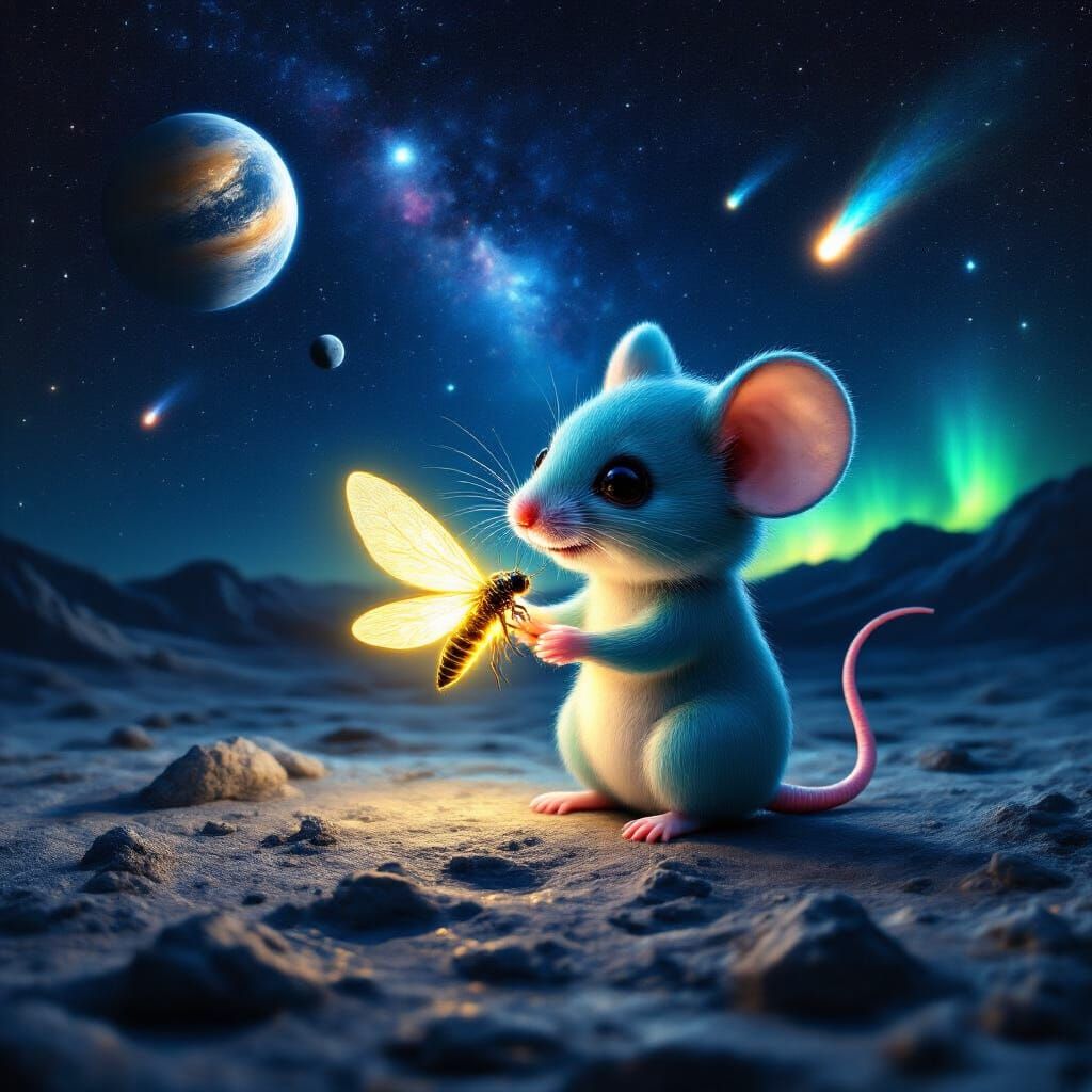 Aqua Chibi Mouse on Moon with Firefly