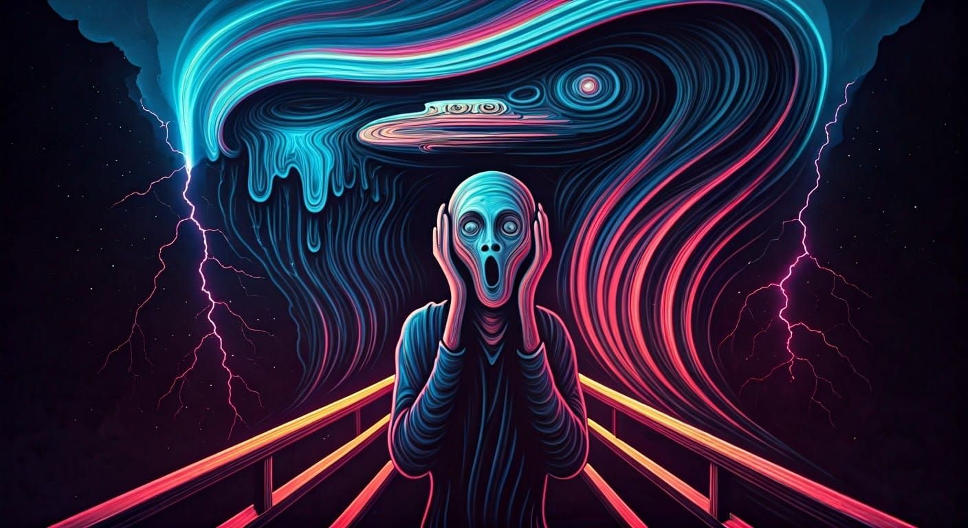 Psychedelic Rock Icon in Neon Swirls, Lightning Bolts and Me...