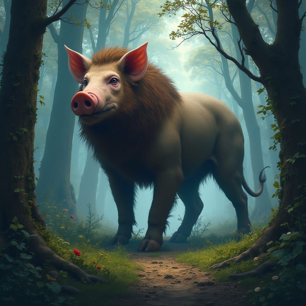 Majestic Pig-Lion Creature in Mystical Forest