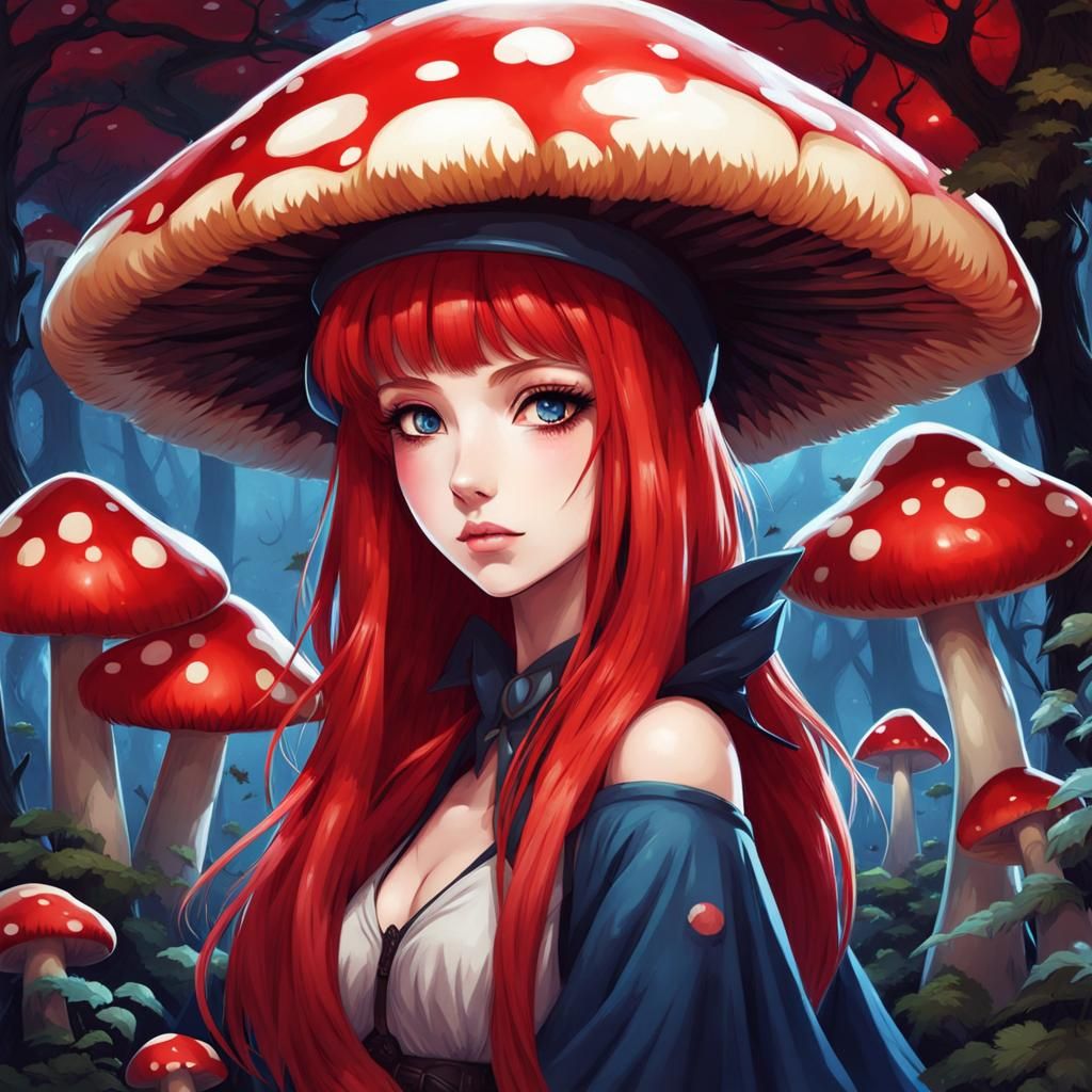 Anime Mushroom Woman with Cat Ears and Bat Wings