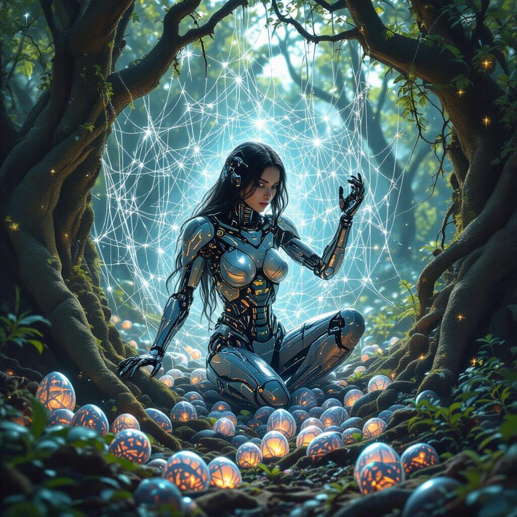 Robotic Woman in Starlight Web Between Alien Trees