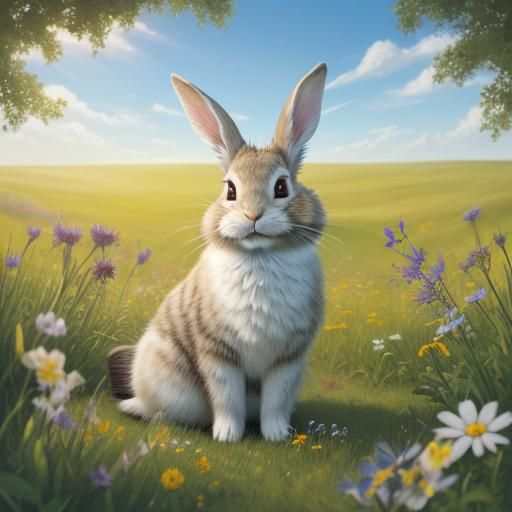 Happy Rabbit Kit Plays in Sunny Meadow, Photorealistic