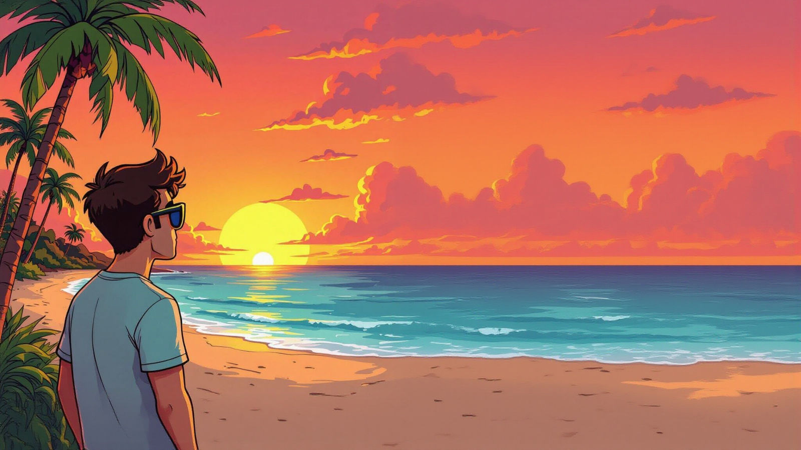 Cartoon Man Watches Beach Sunset