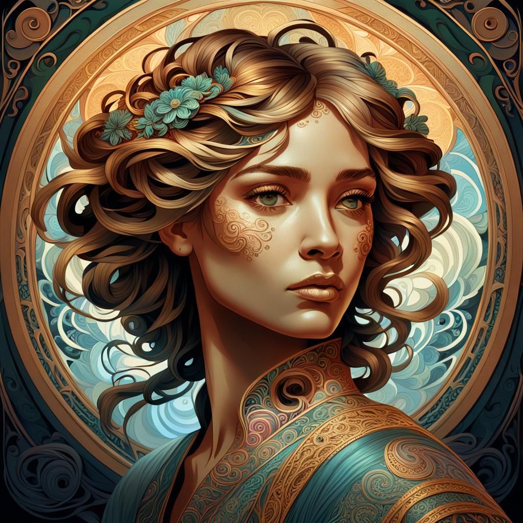 Intricate Portrait of Woman with Swirling Hair