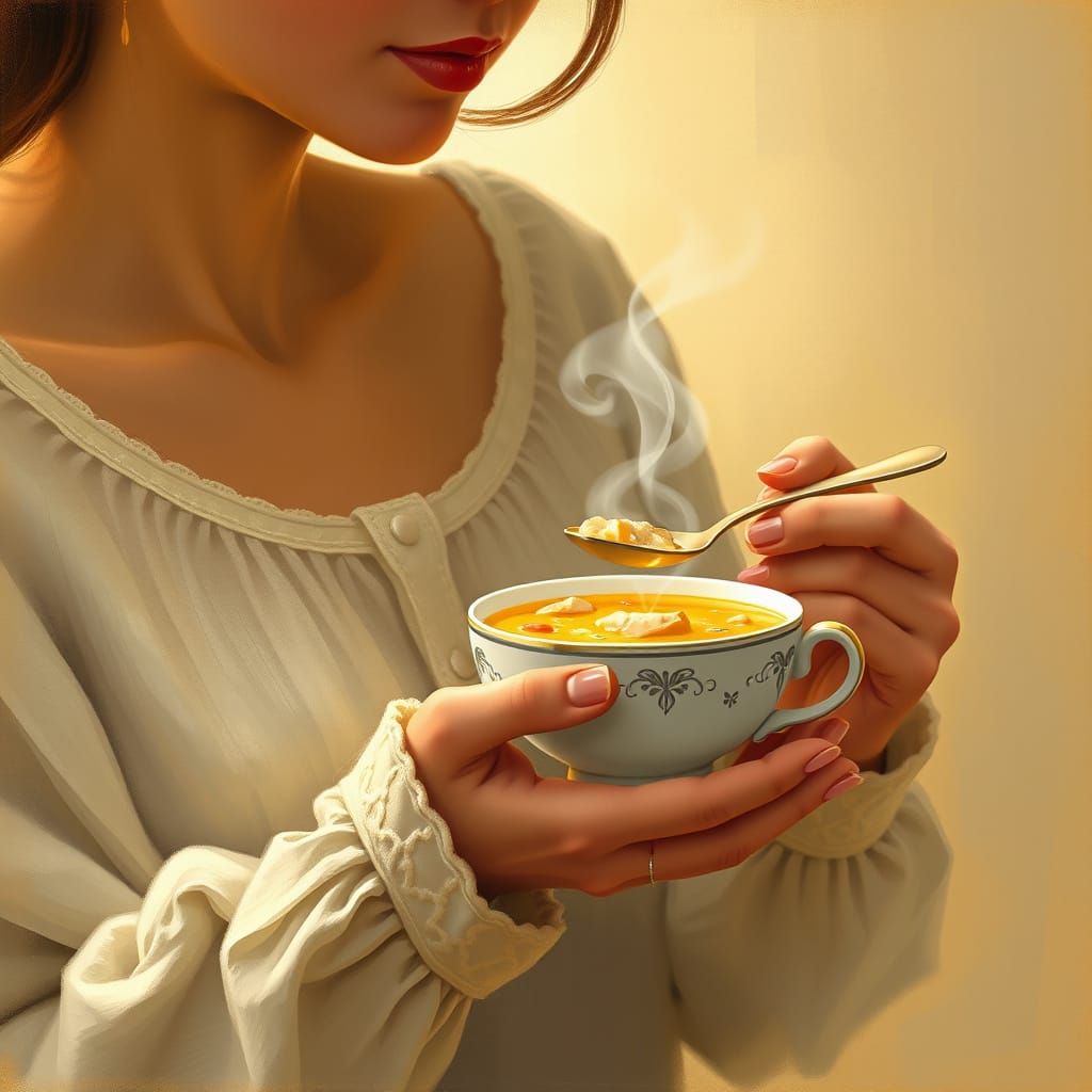 A Woman Savoring Hühnersuppe in Impressionist Style
