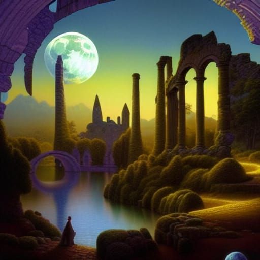 Moonlight Landscape with Ancient Ruins, Astral Illustration