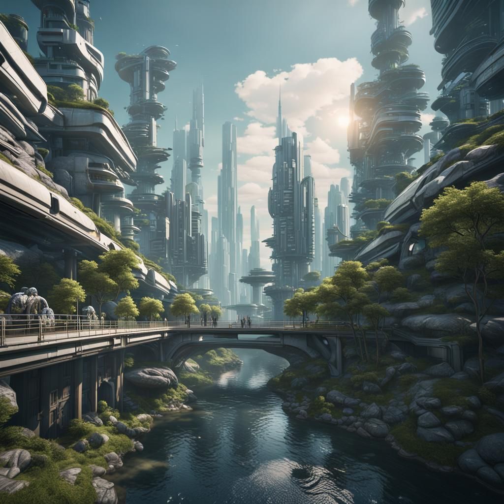Futuristic City in Serene River Environment: Hyperrealistic