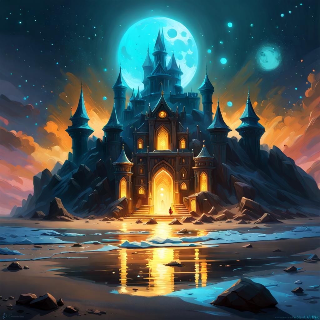 Bioluminescent Crystal Sandcastle Under Moonlight