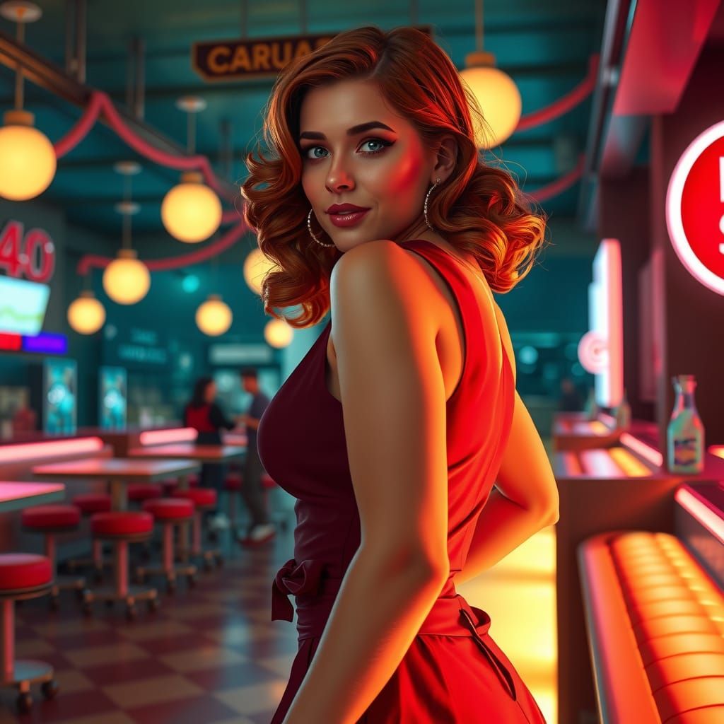 Roller Skating Diner Waitress in Art Nouveau Style